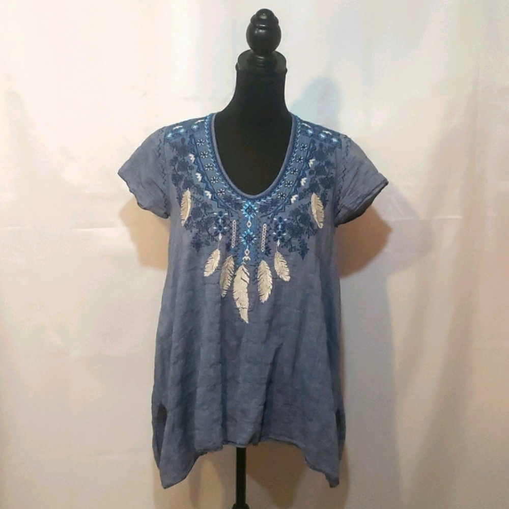 Johnny Was 3J Workshop blue short sleeve shirt